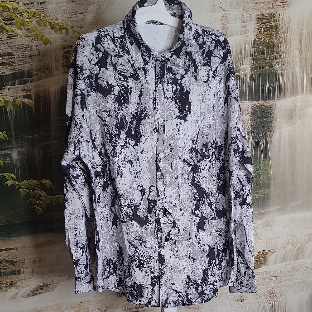 New! Wdirara Mens Medium Monochrome Long Sleeve Button Down Shirt